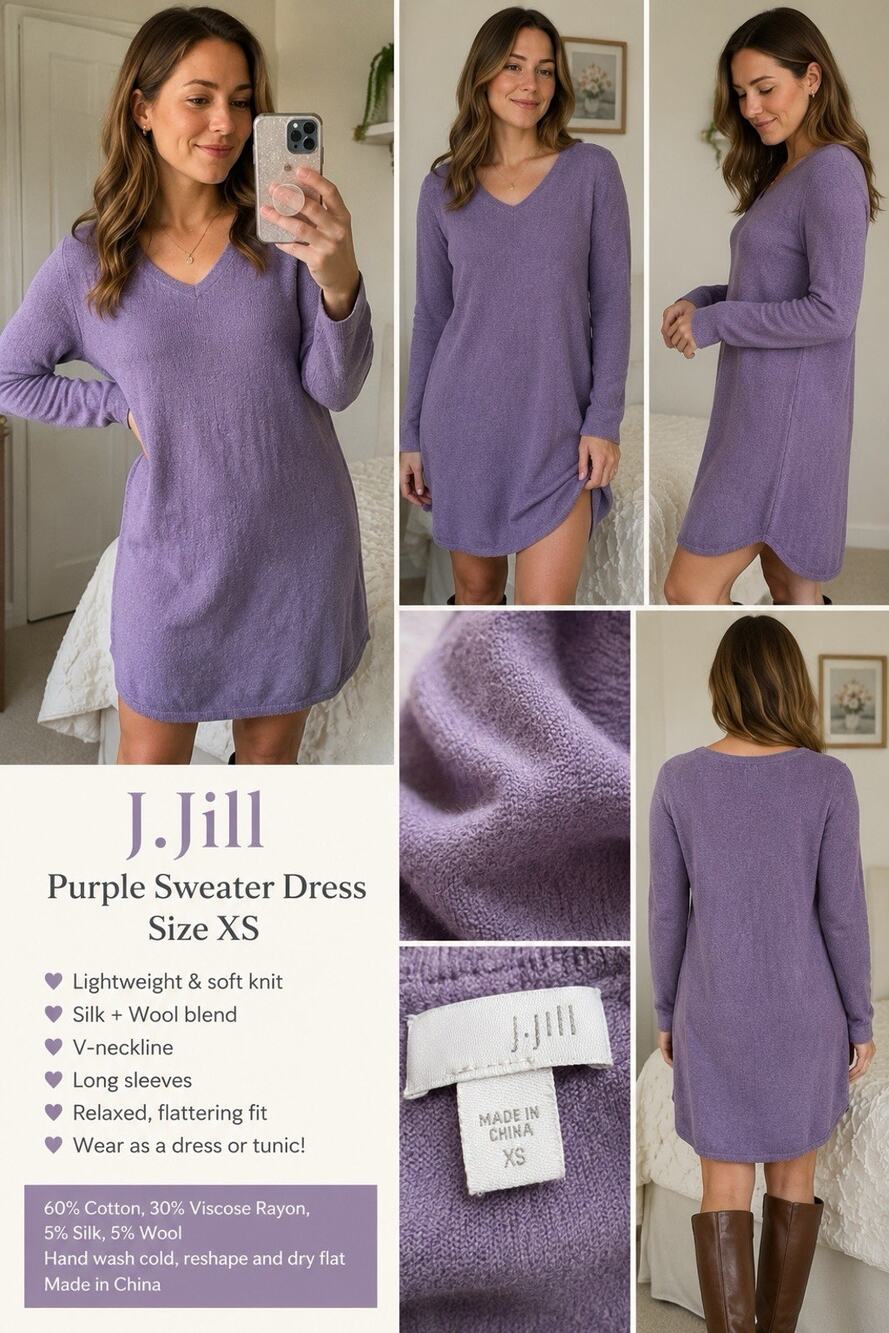 J.Jill Purple V-Neck Long Sleeve Sweater Dress Tunic XS Silk Wool Blend